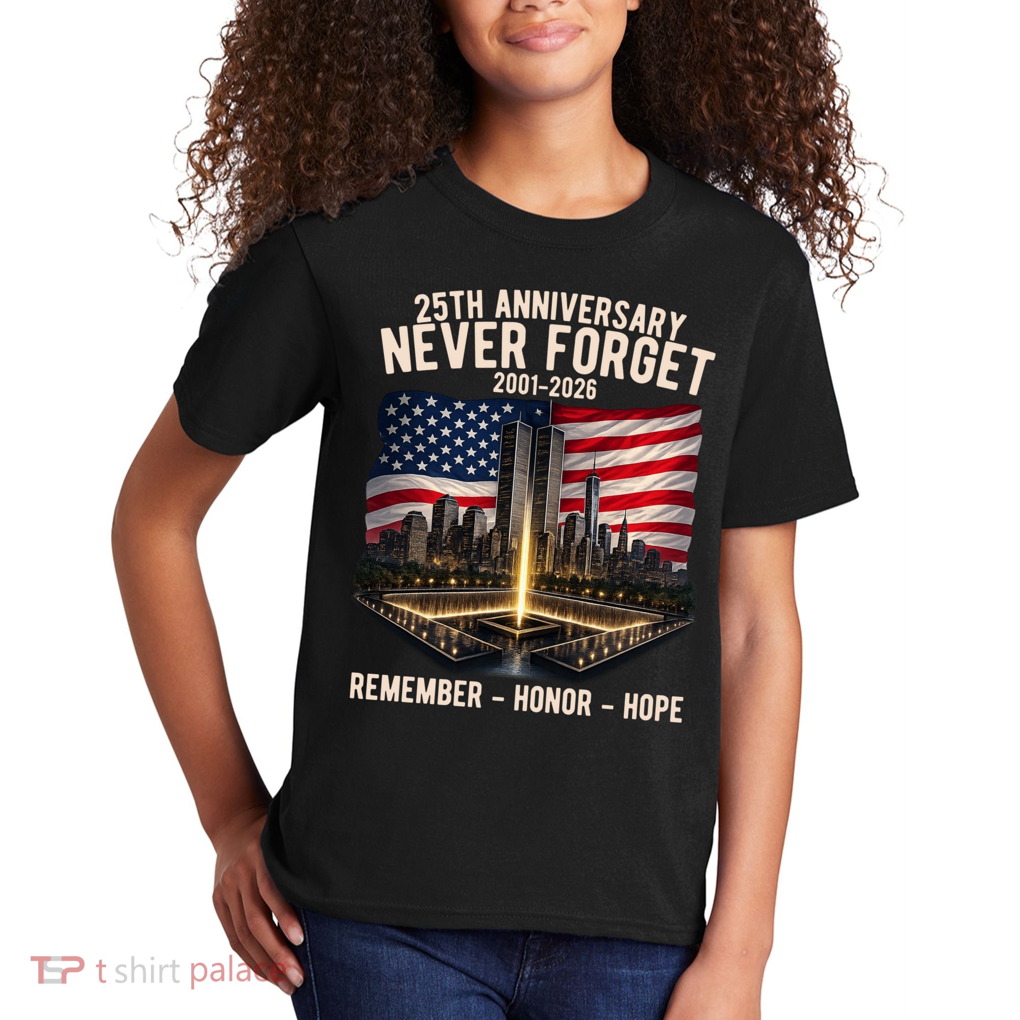 9/11 25th Anniversary Never Forget 911 Memorial 2001-2026 USA Kids T-Shirt