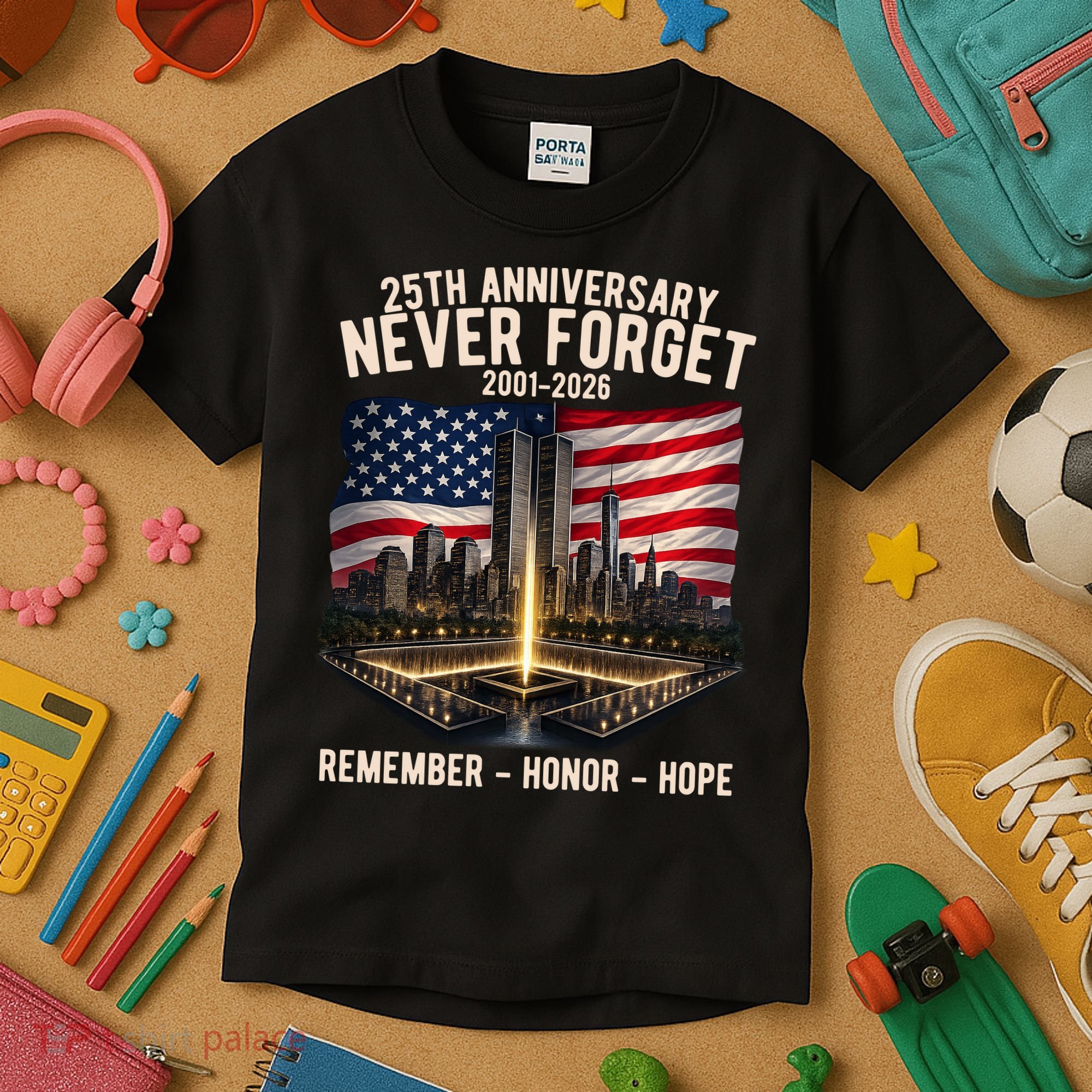 9/11 25th Anniversary Never Forget 911 Memorial 2001-2026 USA Kids T-Shirt