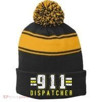 911 American Flag Dispatcher Thin Gold Line Operator Stripe Pom Pom Beanie thumb 0