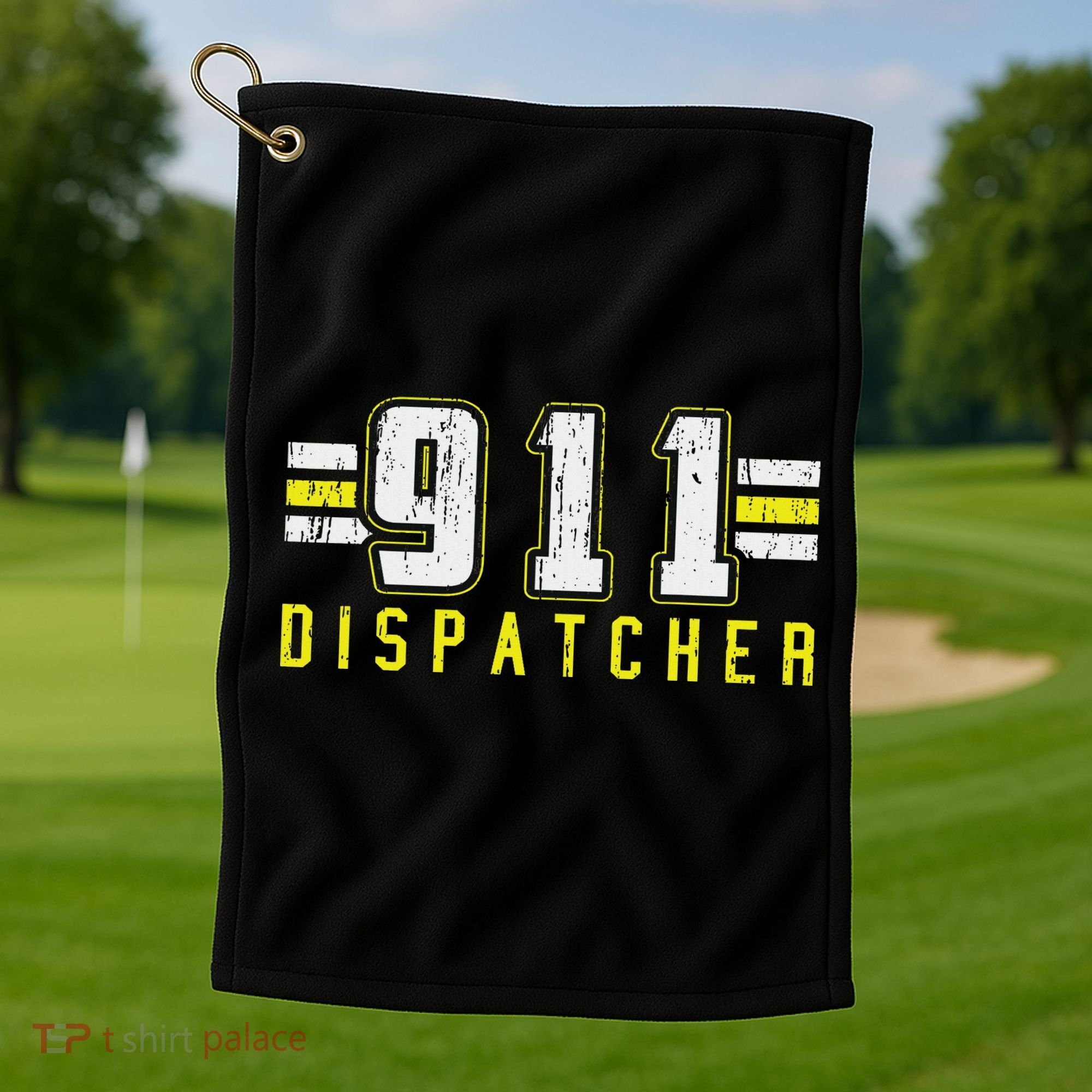 911 American Flag Dispatcher Thin Gold Line Operator Golf Towel