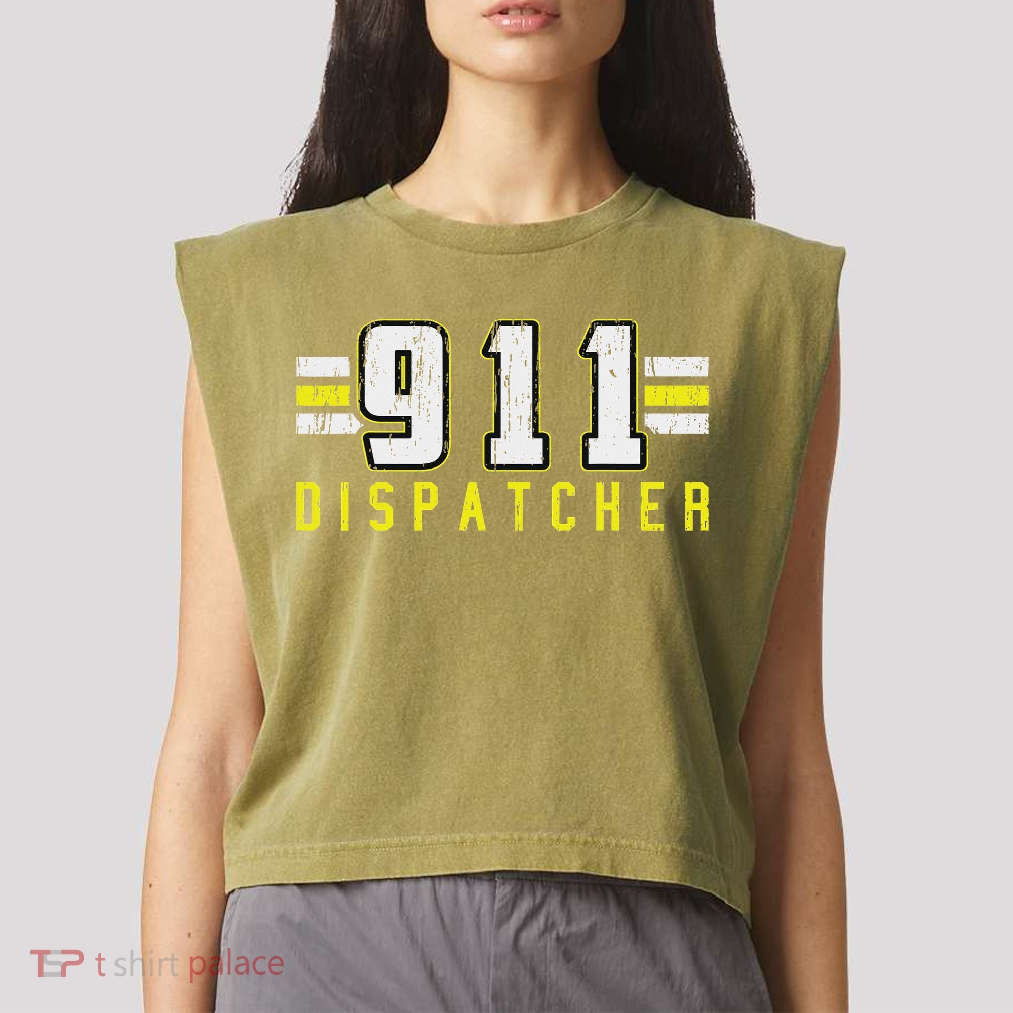 911 American Flag Dispatcher Thin Gold Line Operator Garment-Dyed Women's Muscle Tee