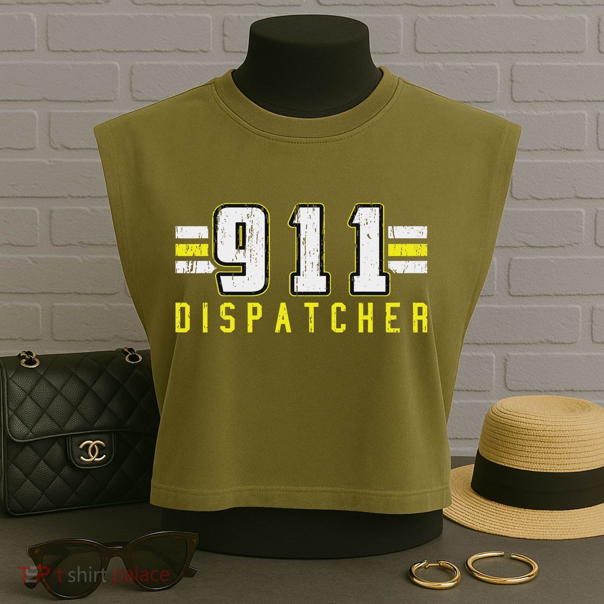 911 American Flag Dispatcher Thin Gold Line Operator Garment-Dyed Women's Muscle Tee
