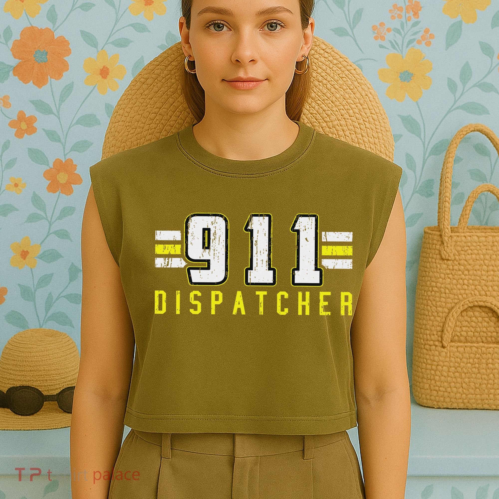 911 American Flag Dispatcher Thin Gold Line Operator Garment-Dyed Women's Muscle Tee