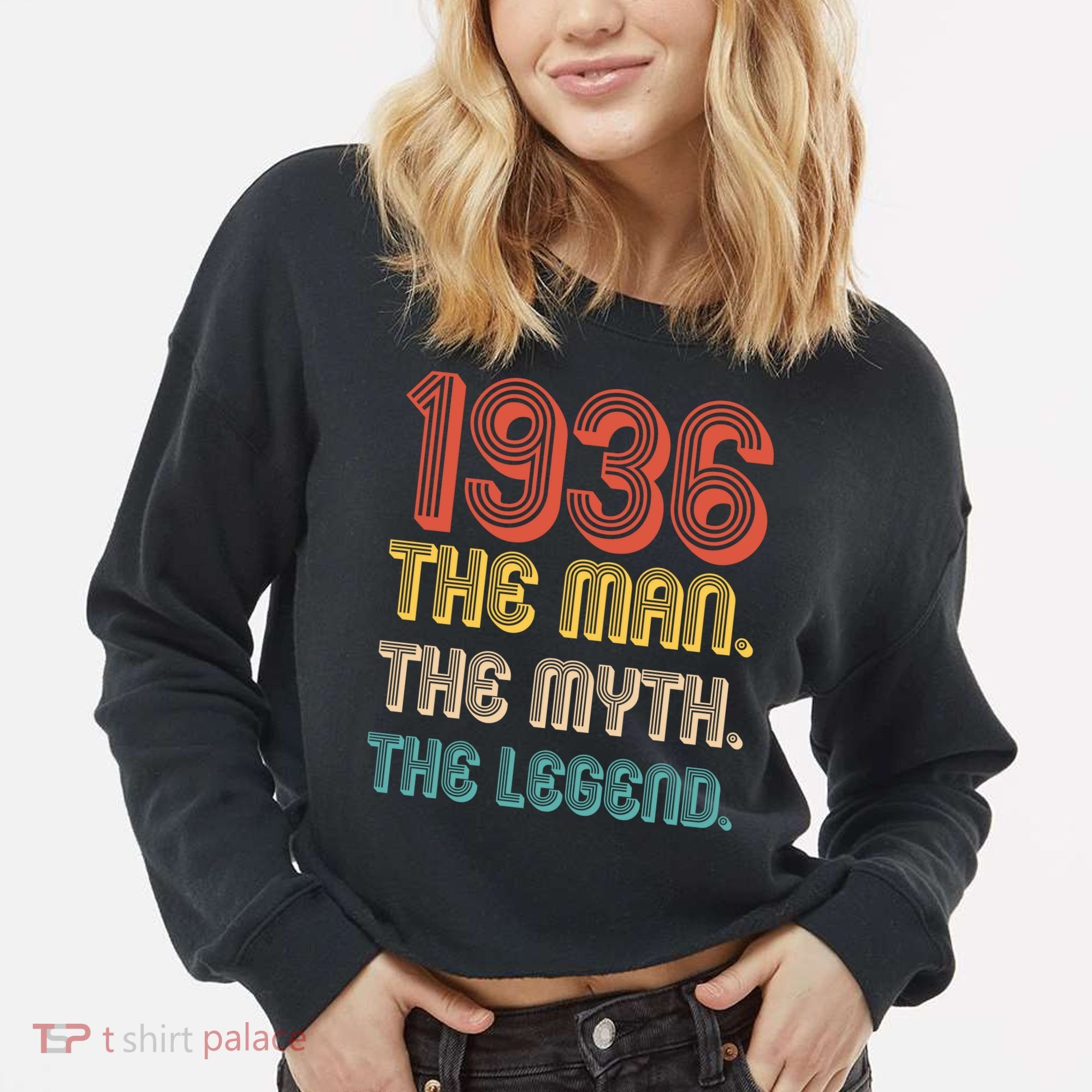 90th Birthday 1936 The Man Myth The Legend Cropped Pullover Crew