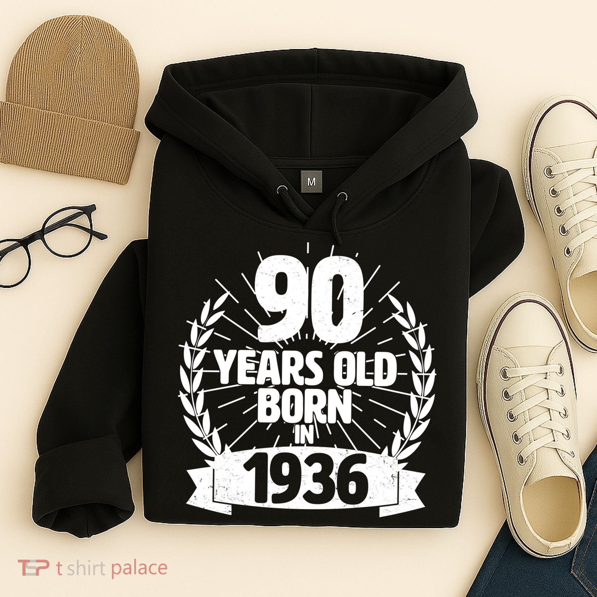 90th Birthday 90 Years Old Born In 1936 Wreath Banner  Hoodie
