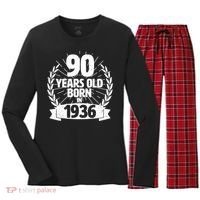 90th Birthday 90 Years Old Born In 1936 Wreath Banner  Women's Long Sleeve Flannel Pajama Set  thumb 0