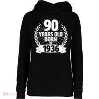 90th Birthday 90 Years Old Born In 1936 Wreath Banner  Womens Funnel Neck Pullover Hood thumb 0