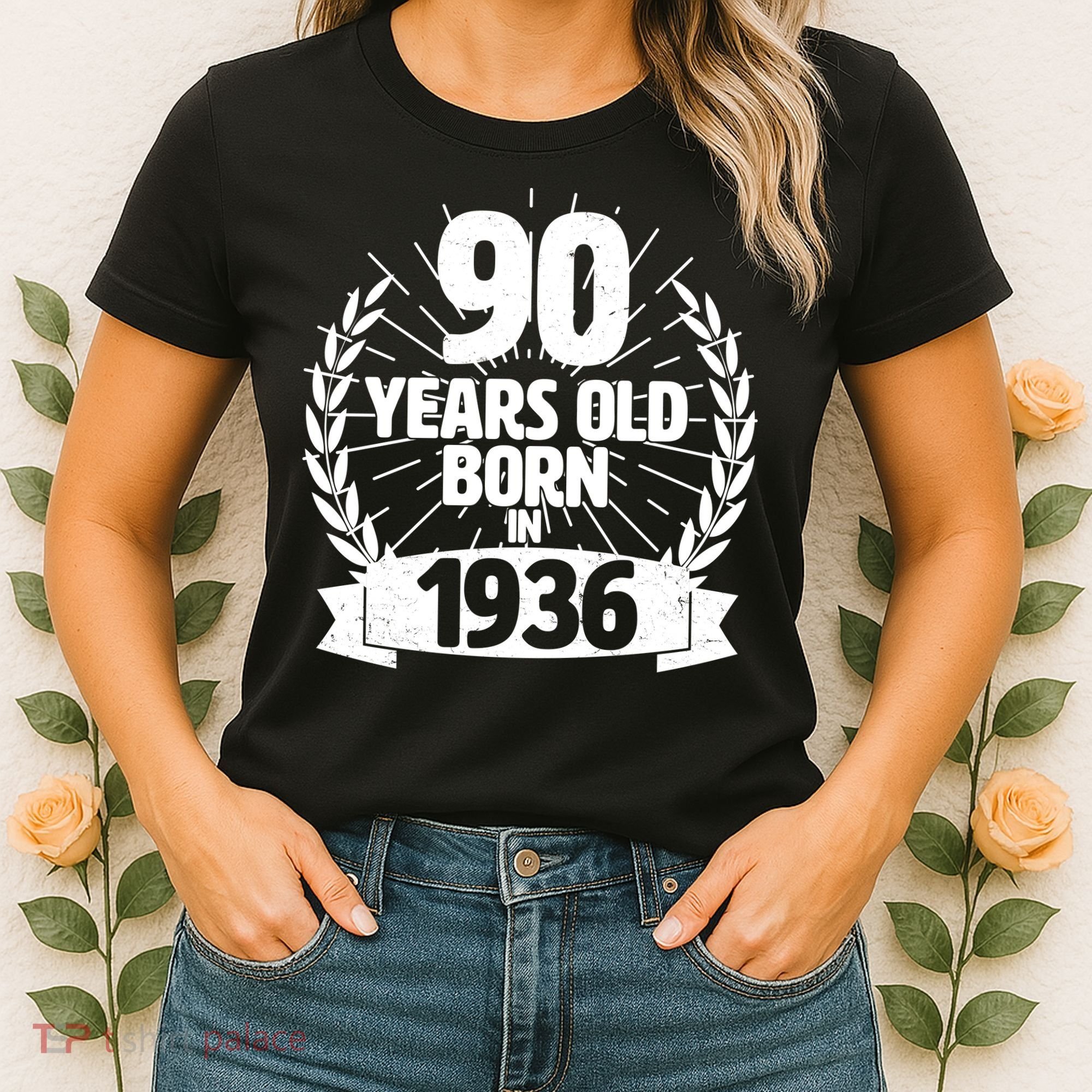 90th Birthday 90 Years Old Born In 1936 Wreath Banner  Women's T-Shirt