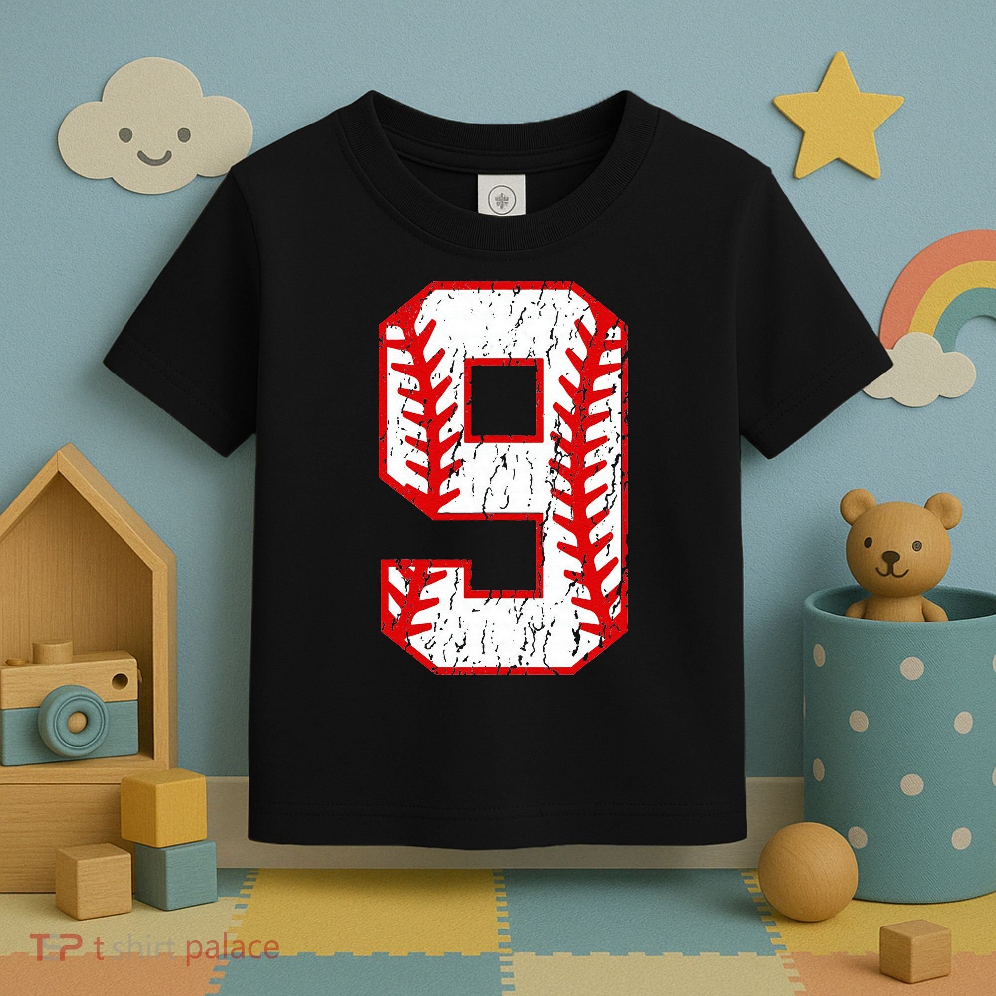 9th Birthday Baseball Big Number Nine 9 Year Old Toddler T-Shirt