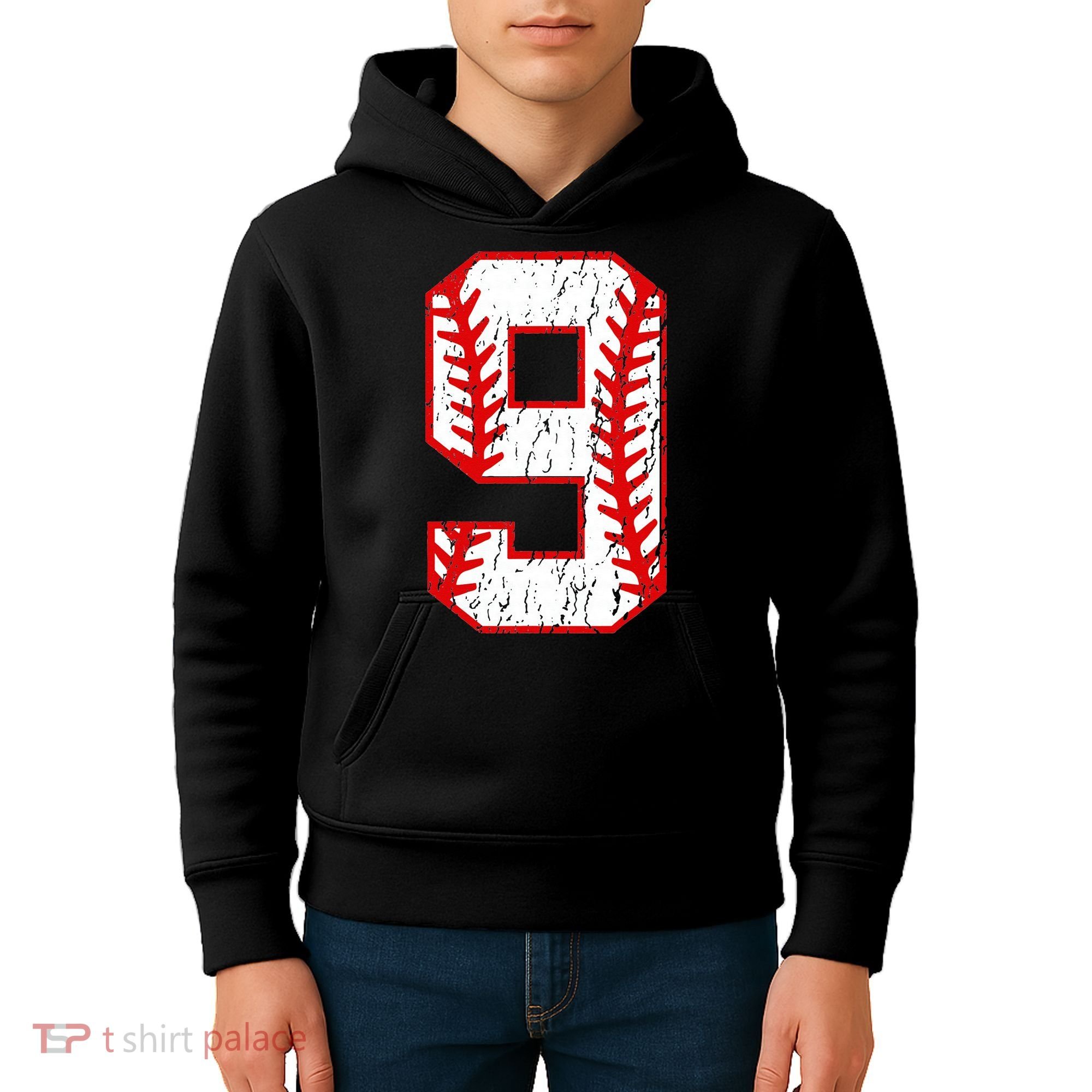 9th Birthday Baseball Big Number Nine 9 Year Old Kids Hoodie