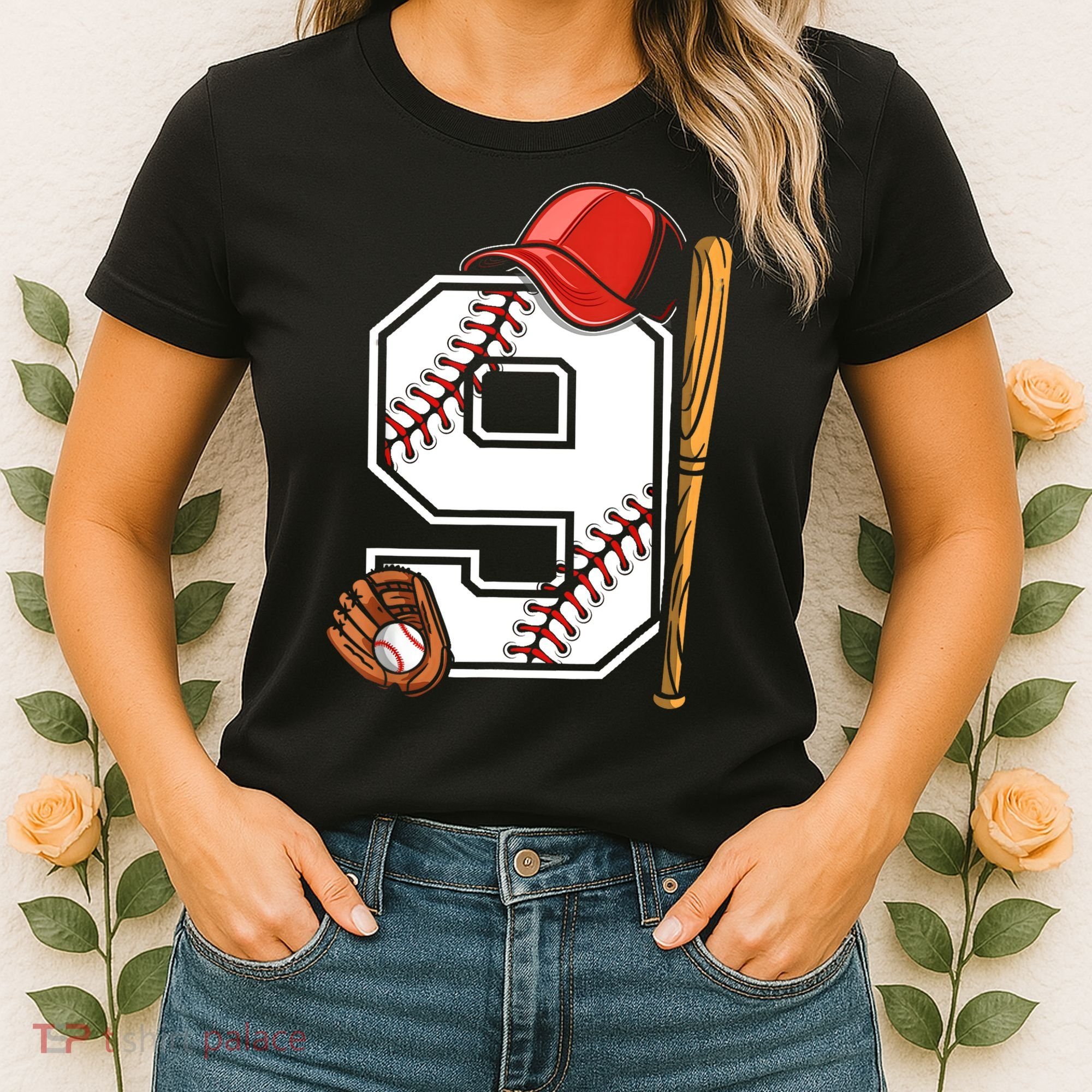 9th Birthday Baseball Big Number Nine 9 Year Old Boy Gir Women's T-Shirt