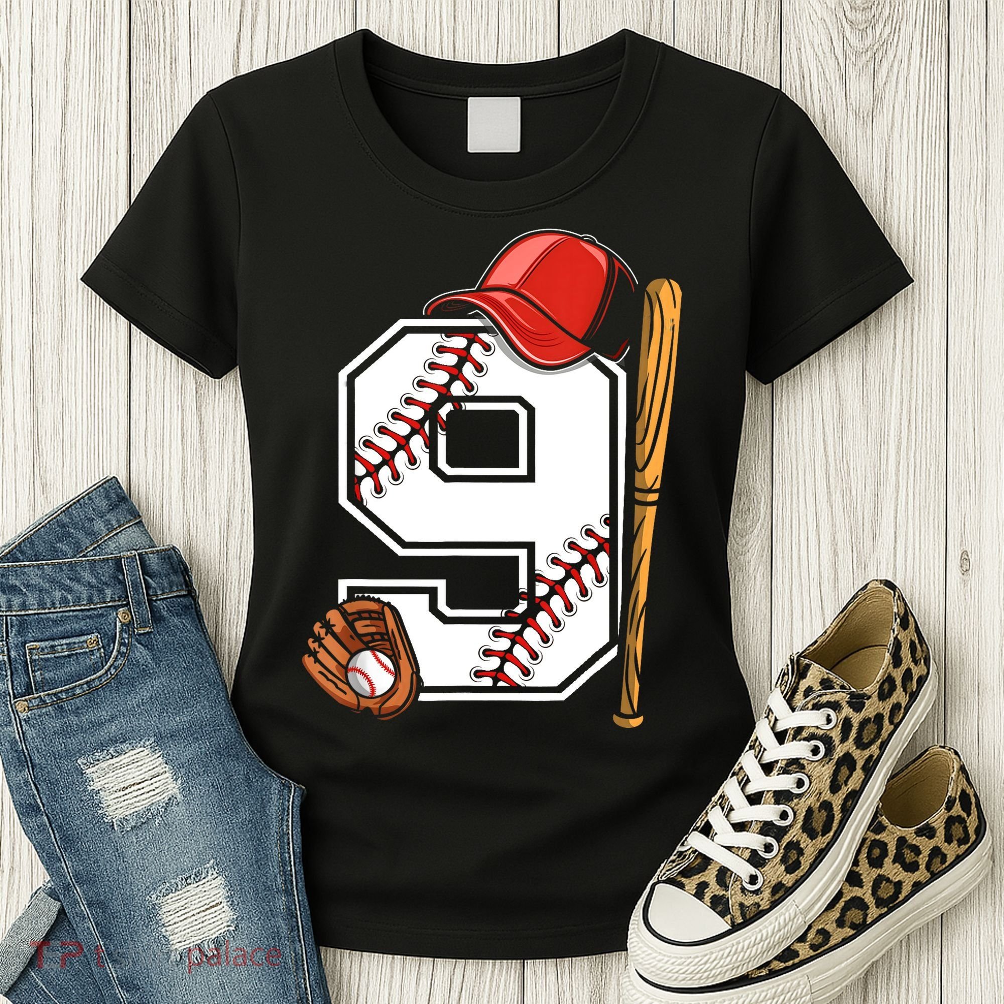 9th Birthday Baseball Big Number Nine 9 Year Old Boy Gir Women's T-Shirt