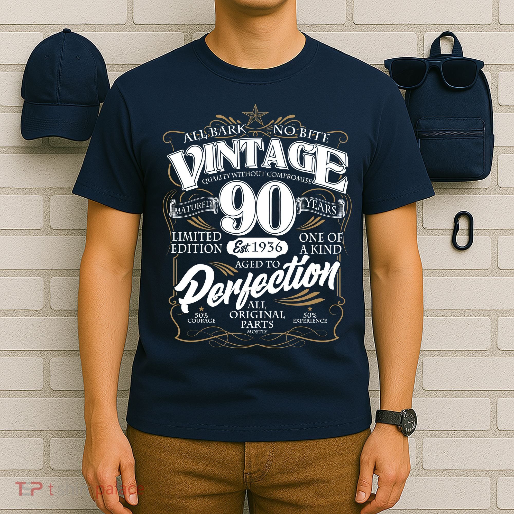 90th Birthday Est 1936 All Bark No Bite Vintage Birthday  T-Shirt