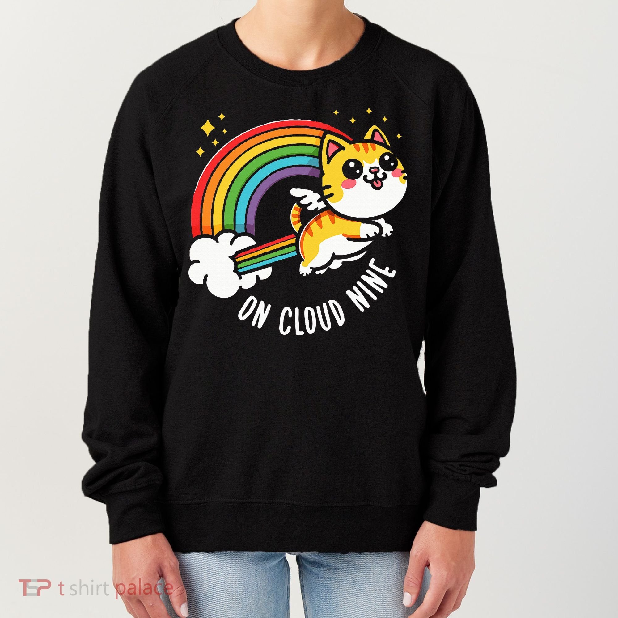 9th Birthday Funny Cat Rainbow On Cloud Nine Women's Sweatshirt