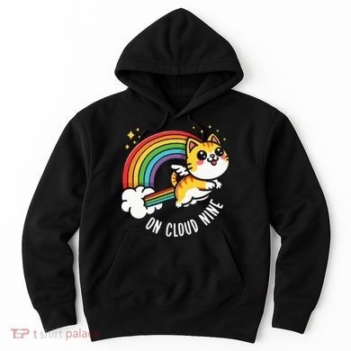 9th Birthday Funny Cat Rainbow On Cloud Nine Hoodie