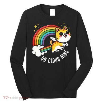 9th Birthday Funny Cat Rainbow On Cloud Nine Long Sleeve Shirt
