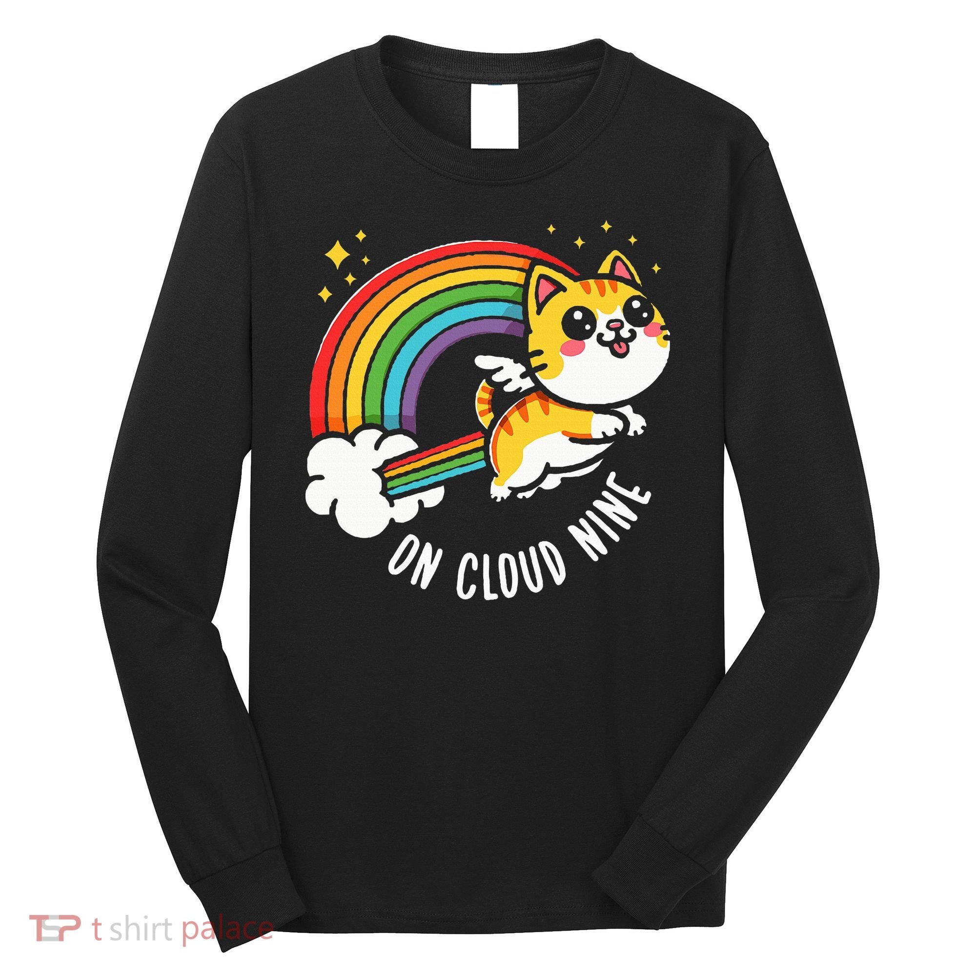 9th Birthday Funny Cat Rainbow On Cloud Nine Long Sleeve Shirt