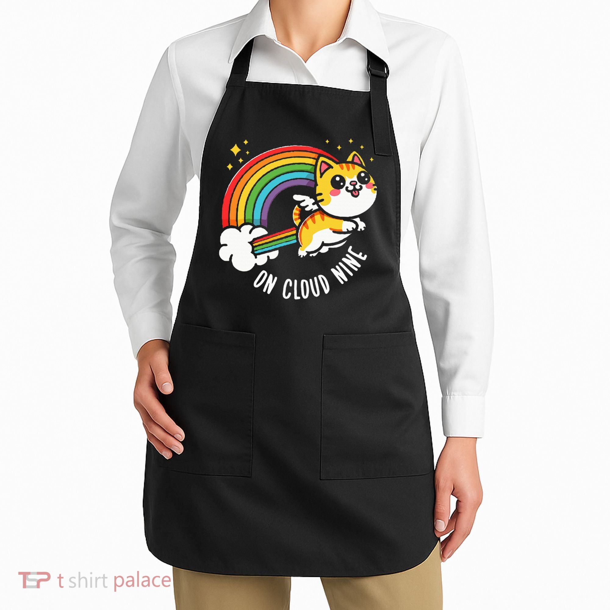 9th Birthday Funny Cat Rainbow On Cloud Nine Apron