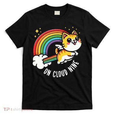 9th Birthday Funny Cat Rainbow On Cloud Nine T-Shirt