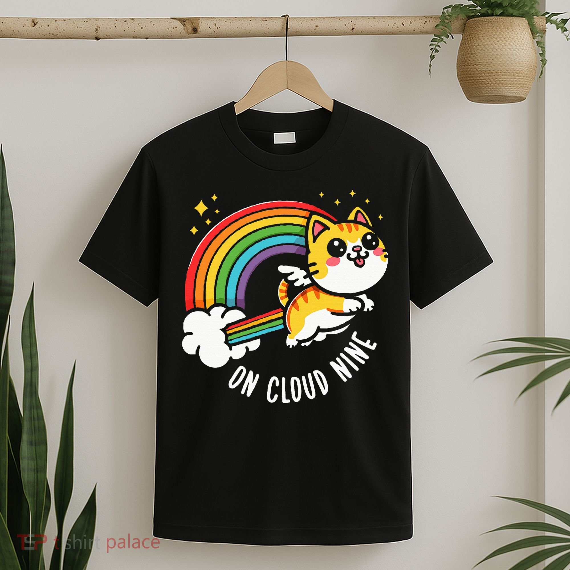 9th Birthday Funny Cat Rainbow On Cloud Nine T-Shirt