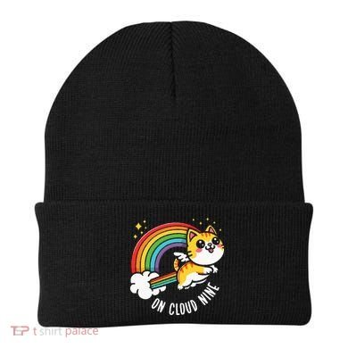 9th Birthday Funny Cat Rainbow On Cloud Nine Beanie