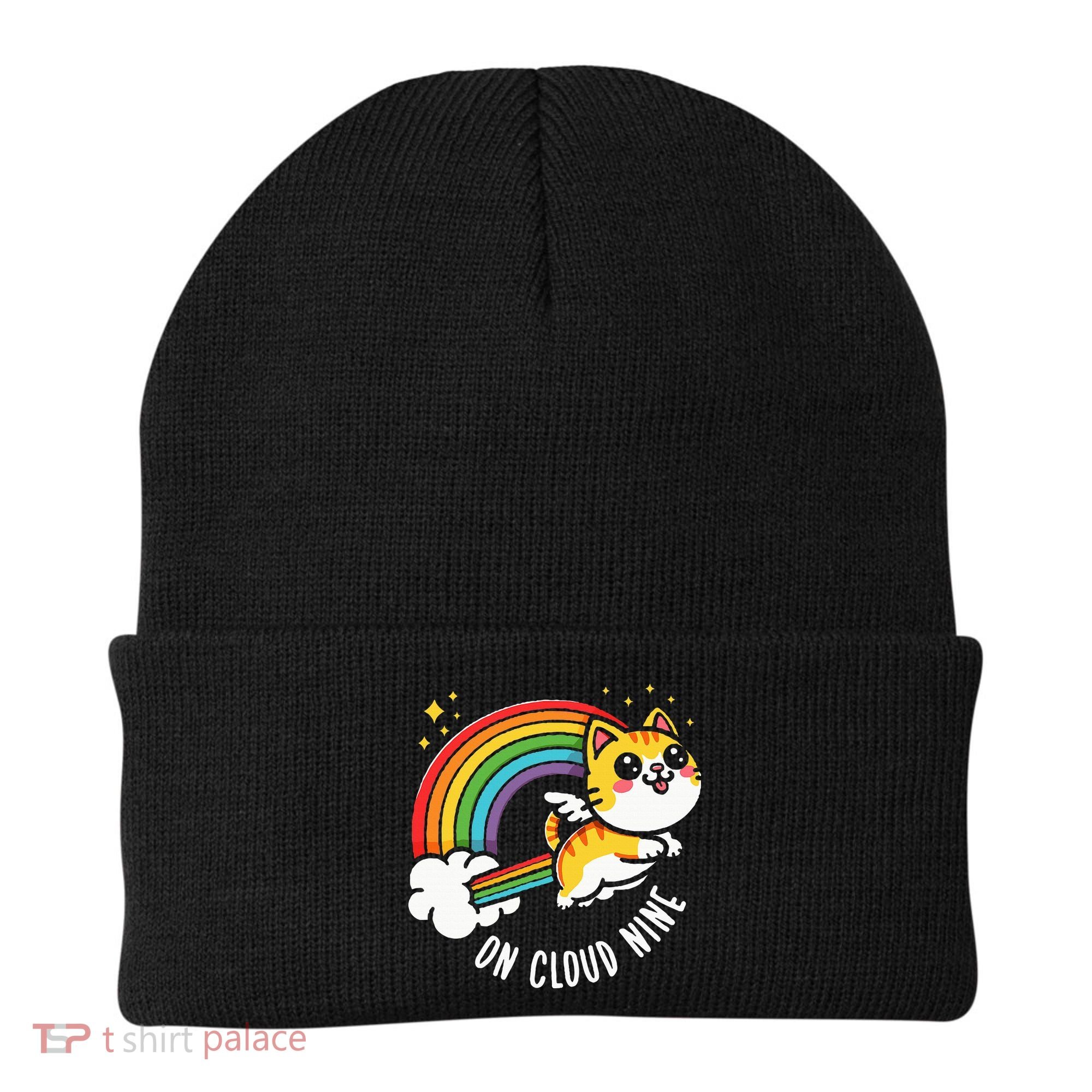 9th Birthday Funny Cat Rainbow On Cloud Nine Beanie