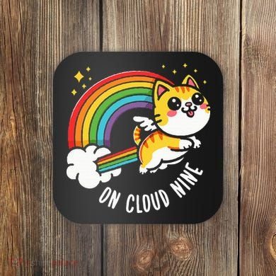 9th Birthday Funny Cat Rainbow On Cloud Nine Coaster