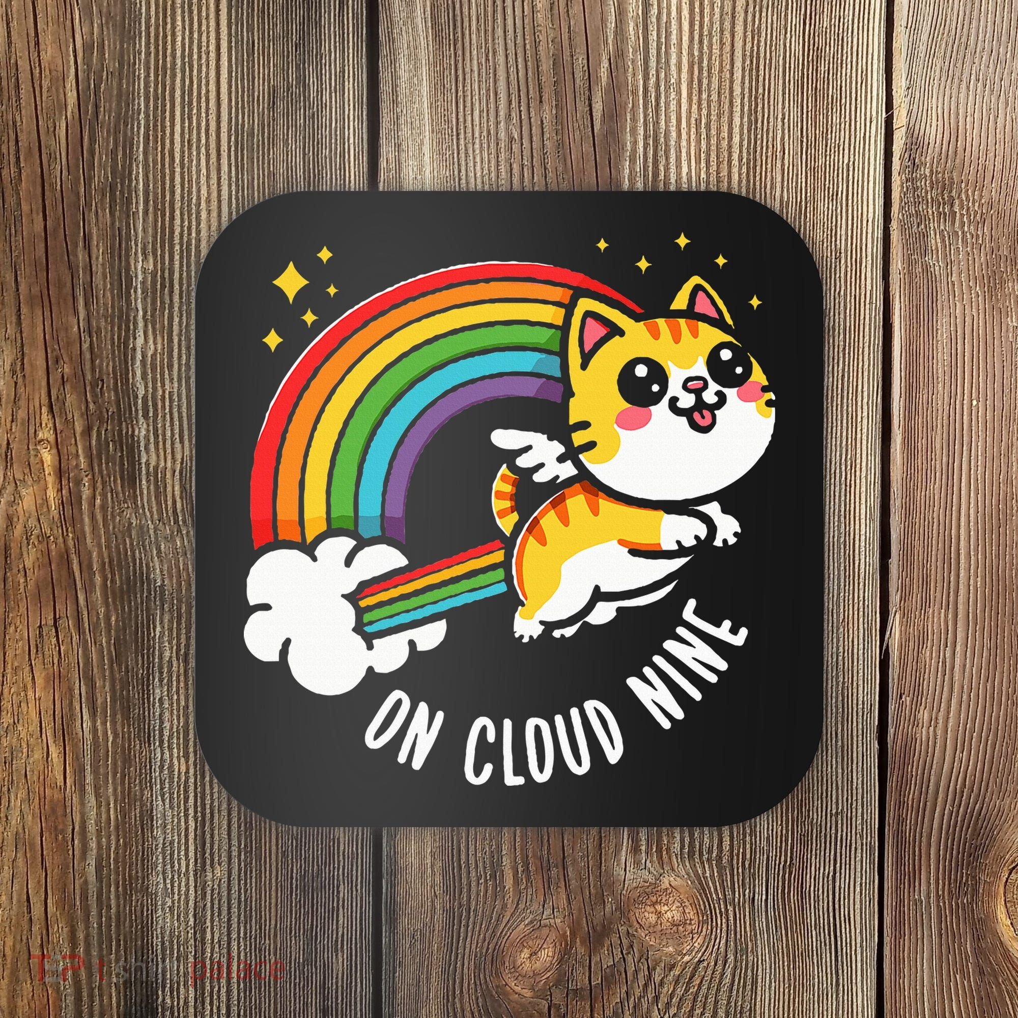 9th Birthday Funny Cat Rainbow On Cloud Nine Coaster