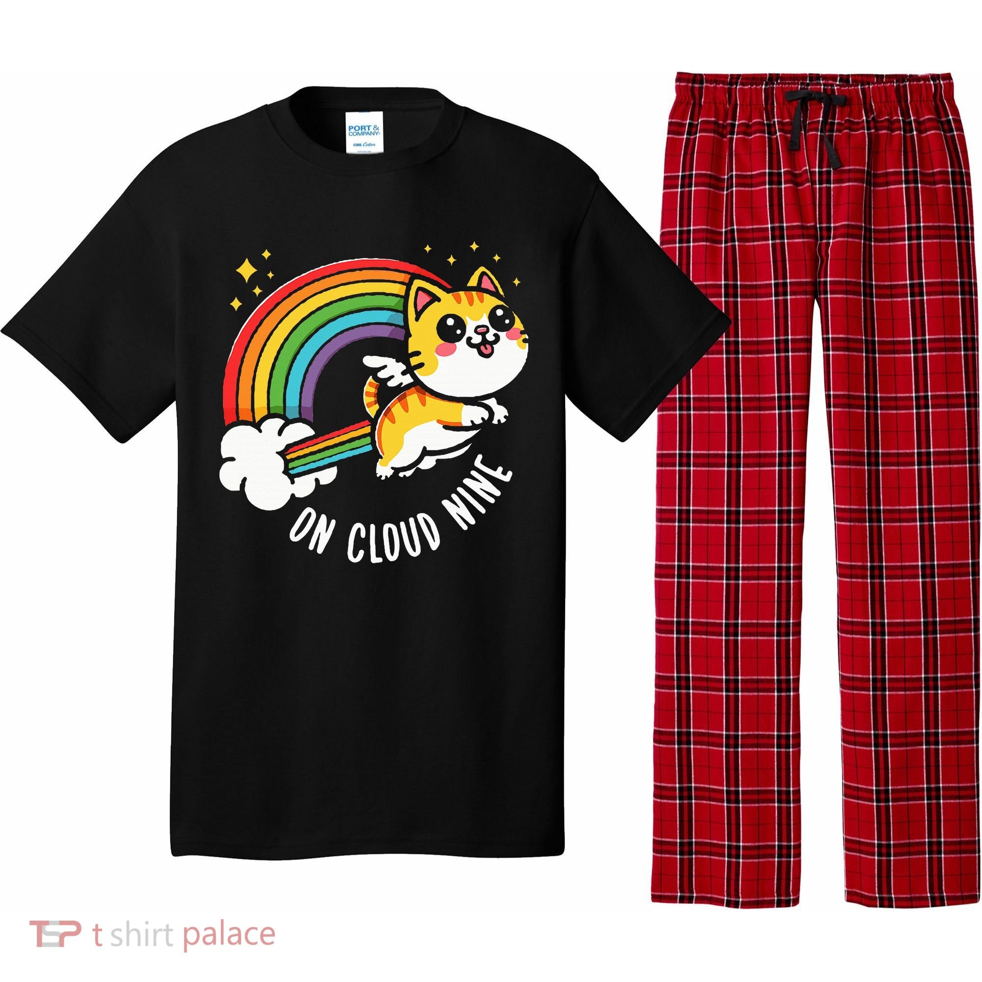 9th Birthday Funny Cat Rainbow On Cloud Nine Pajama Set