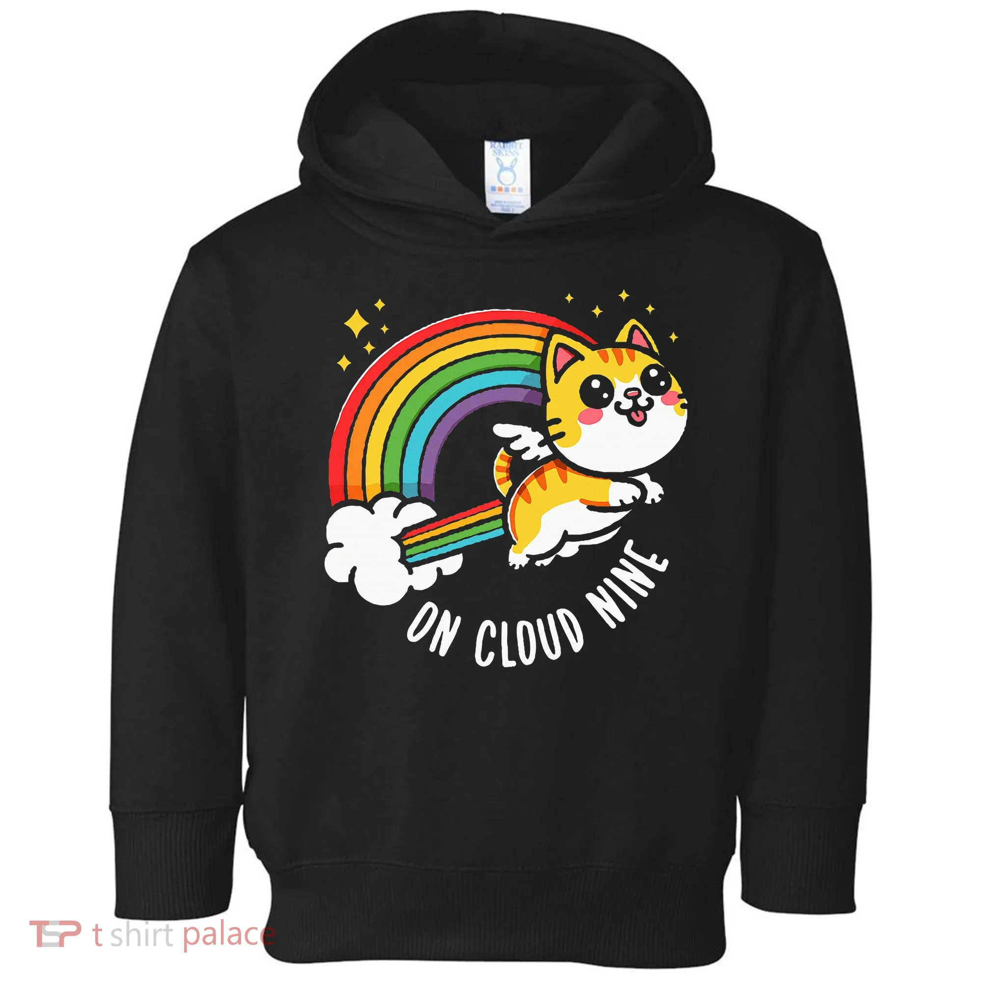 9th Birthday Funny Cat Rainbow On Cloud Nine Toddler Hoodie