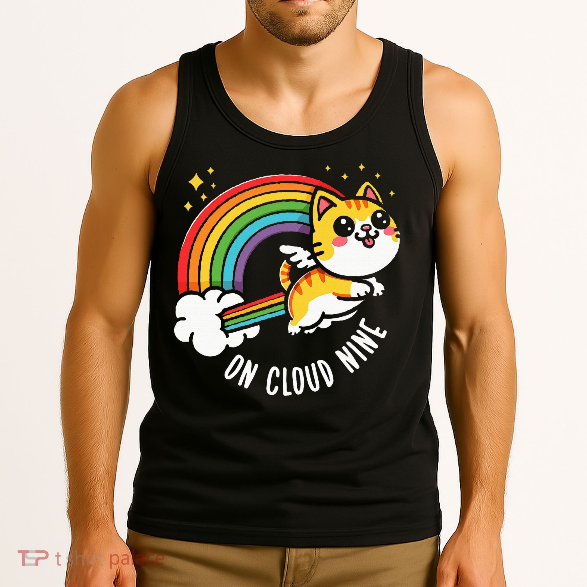 9th Birthday Funny Cat Rainbow On Cloud Nine Tank Top
