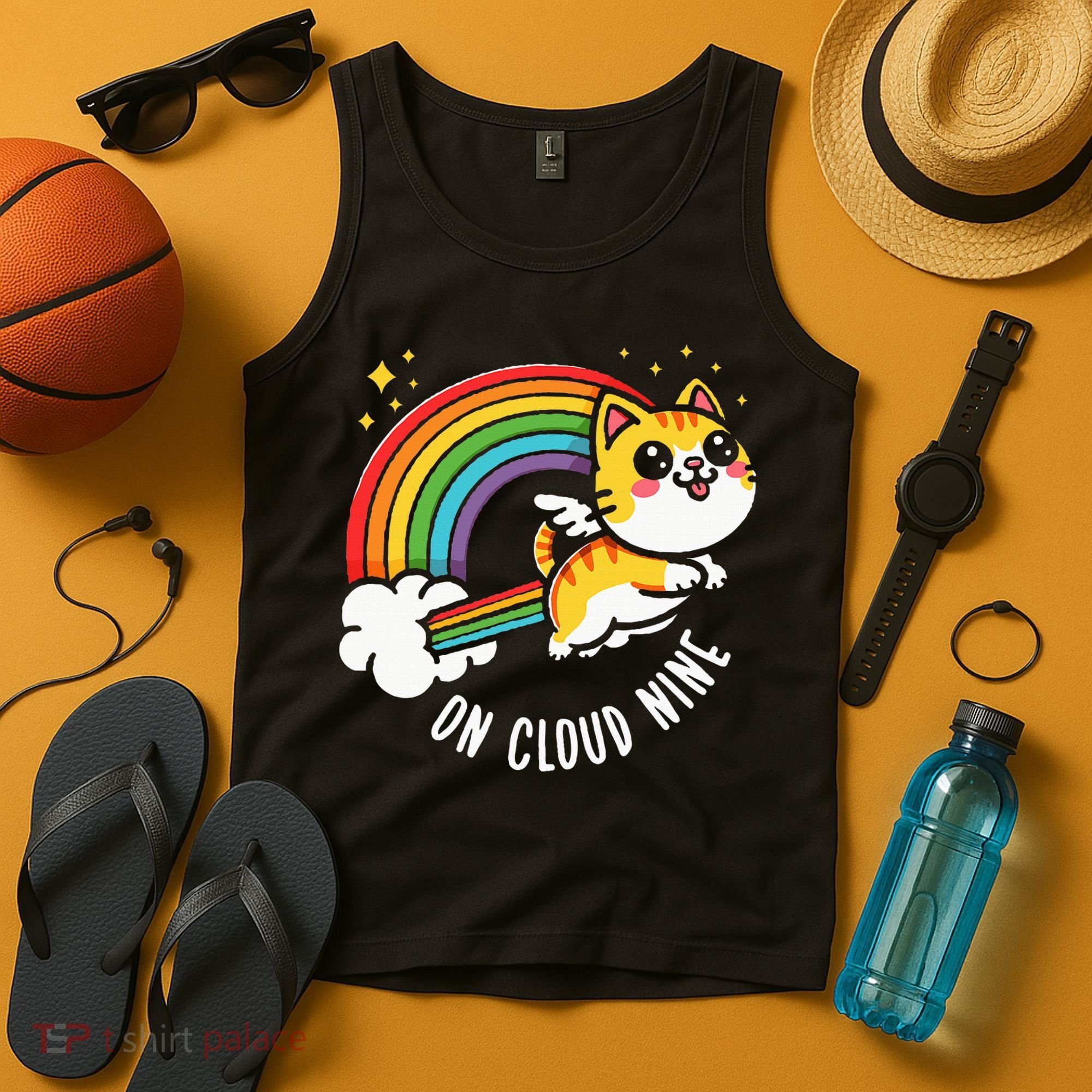 9th Birthday Funny Cat Rainbow On Cloud Nine Tank Top