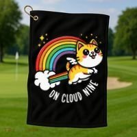 9th Birthday Funny Cat Rainbow On Cloud Nine Golf Towel thumb 1