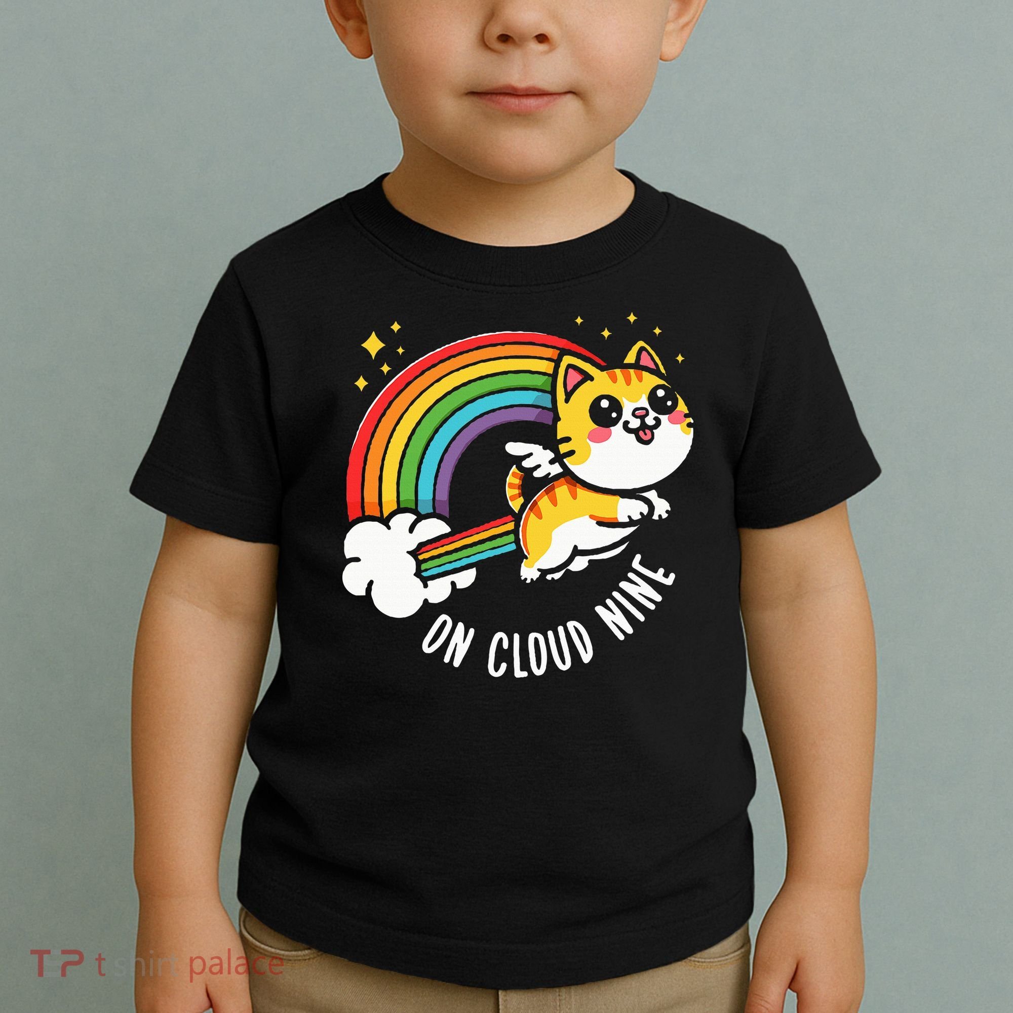 9th Birthday Funny Cat Rainbow On Cloud Nine Toddler T-Shirt