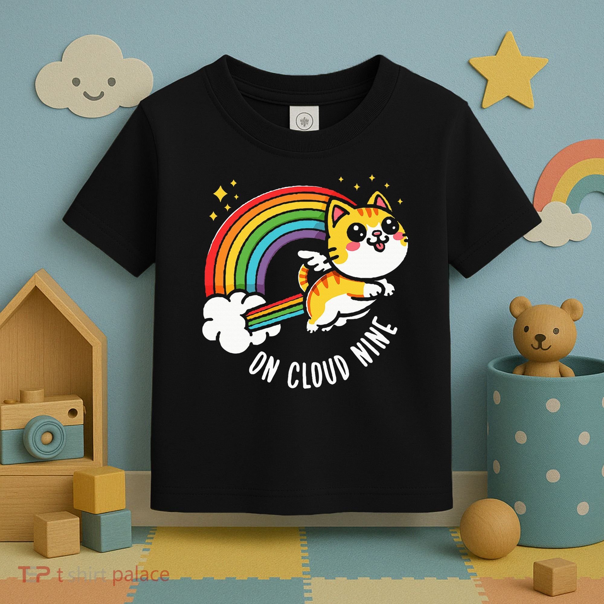 9th Birthday Funny Cat Rainbow On Cloud Nine Toddler T-Shirt