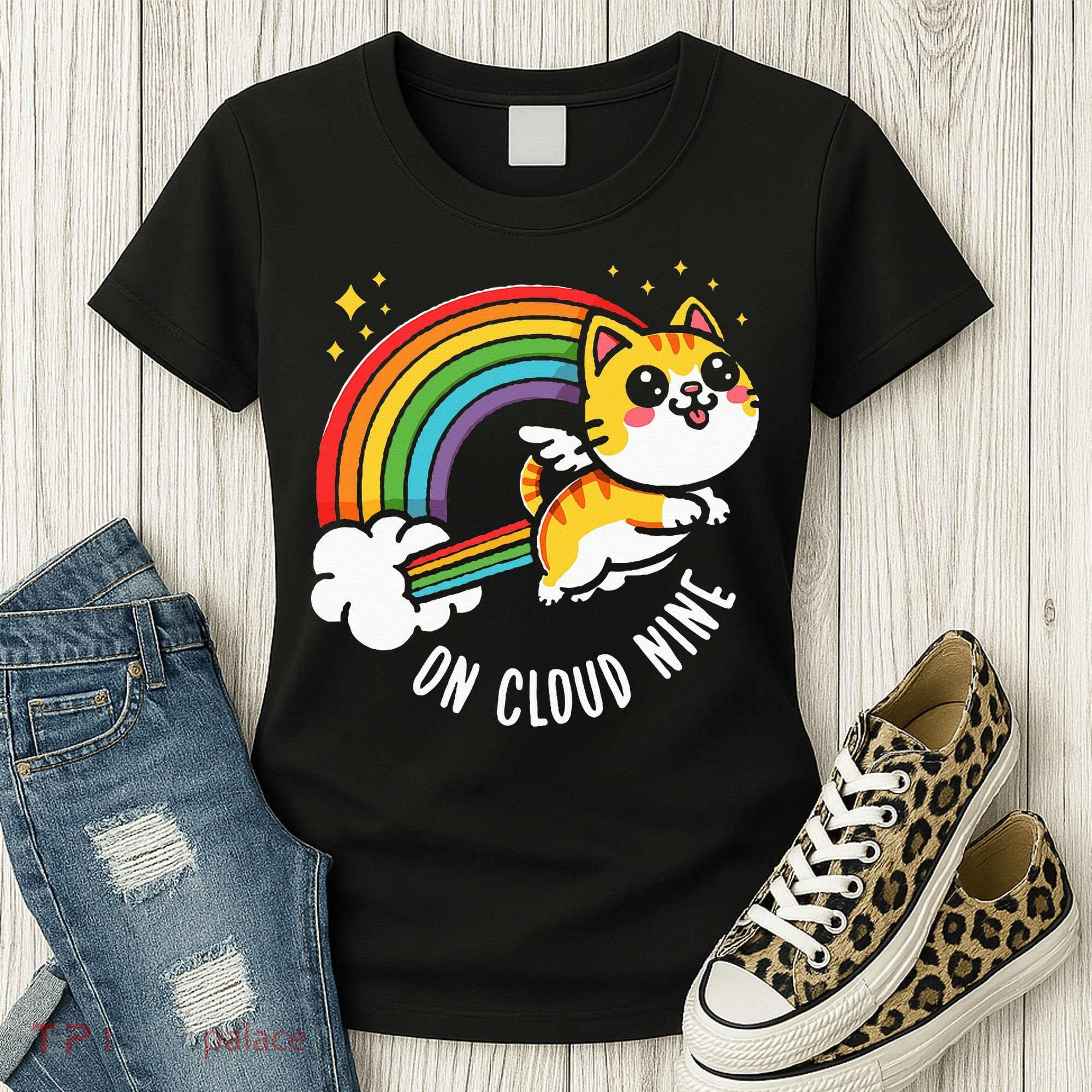 9th Birthday Funny Cat Rainbow On Cloud Nine Women's T-Shirt