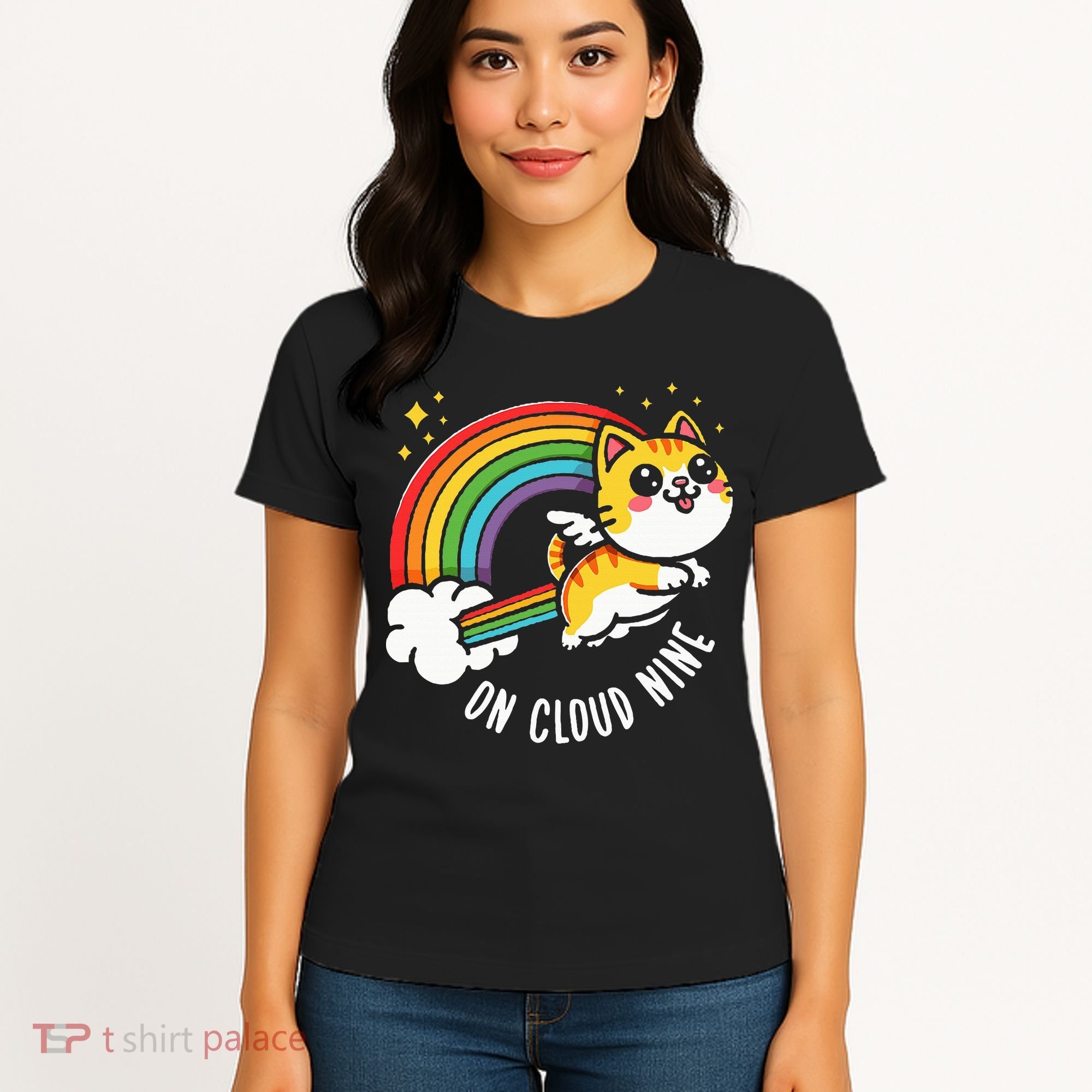 9th Birthday Funny Cat Rainbow On Cloud Nine Women's T-Shirt