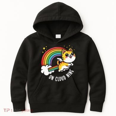 9th Birthday Funny Cat Rainbow On Cloud Nine Kids Hoodie