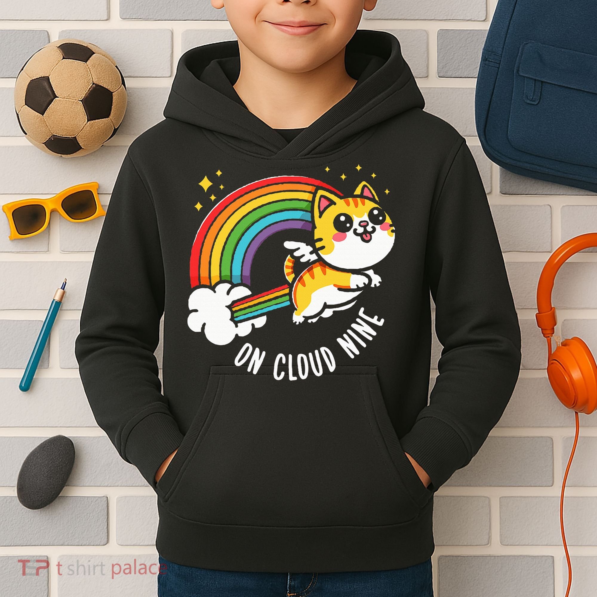 9th Birthday Funny Cat Rainbow On Cloud Nine Kids Hoodie