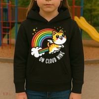 9th Birthday Funny Cat Rainbow On Cloud Nine Kids Hoodie thumb 3