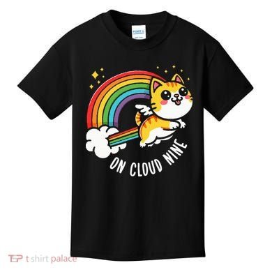 9th Birthday Funny Cat Rainbow On Cloud Nine Kids T-Shirt