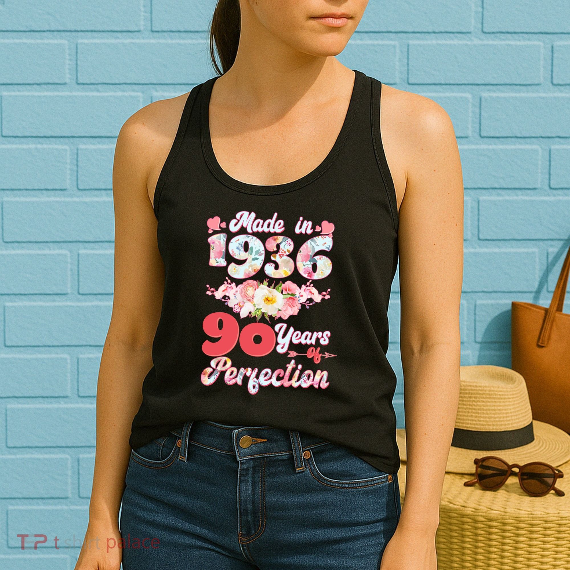 90th Birthday Floral Made In 1936 90 Years Of Perfection Women's Tank Top
