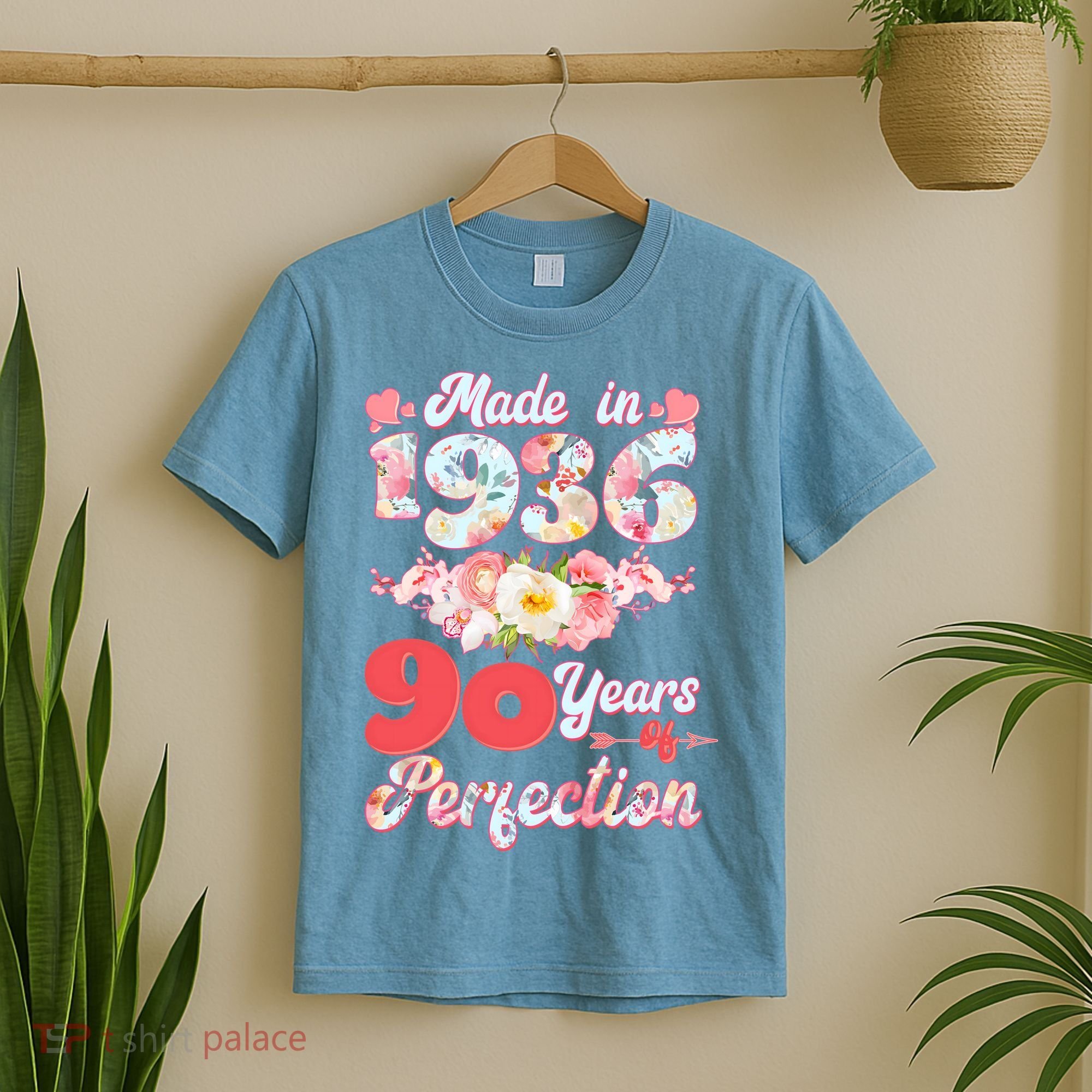 90th Birthday Floral Made In 1936 90 Years Of Perfection T-Shirt