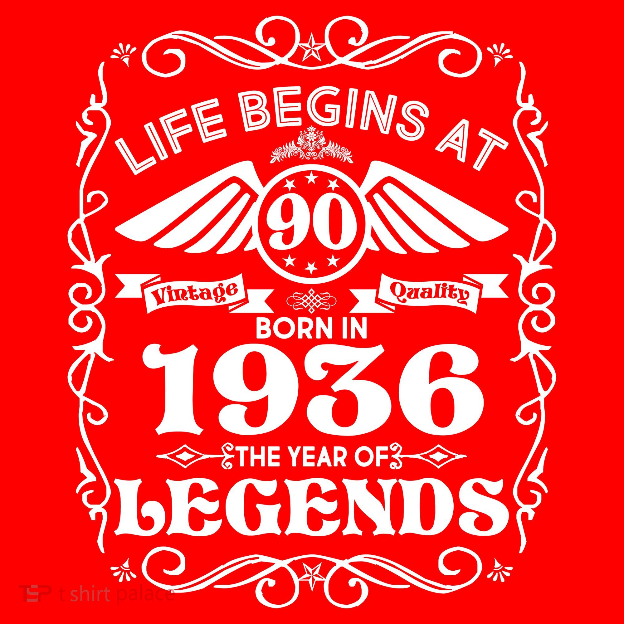 90th Birthday Life Begins At 90 Born In 1936 The Year Of Legends T-Shirt