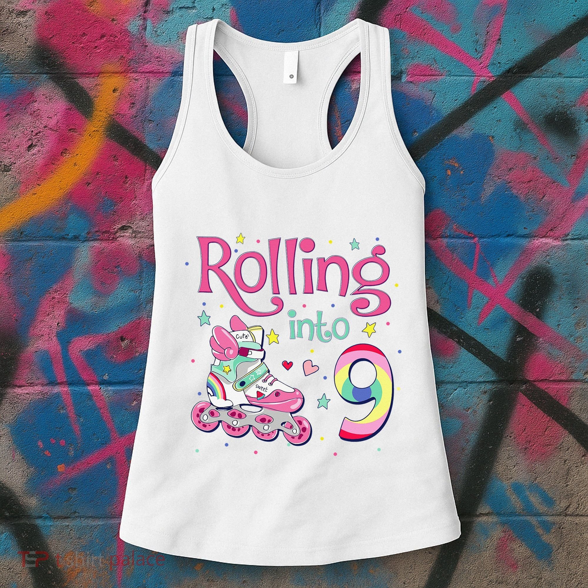 9th Bday Rolling Into 9 Birthday Roller Skate Party Women's Tank Top