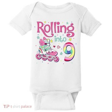9th Bday Rolling Into 9 Birthday Roller Skate Party Baby Bodysuit
