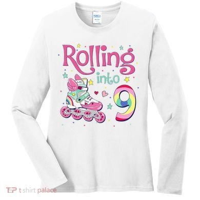 9th Bday Rolling Into 9 Birthday Roller Skate Party Women's Long Sleeve Shirt