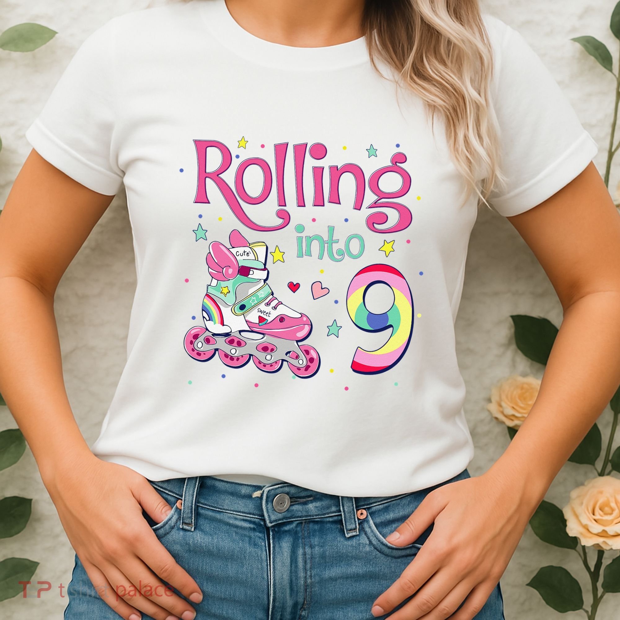 9th Bday Rolling Into 9 Birthday Roller Skate Party Women's T-Shirt