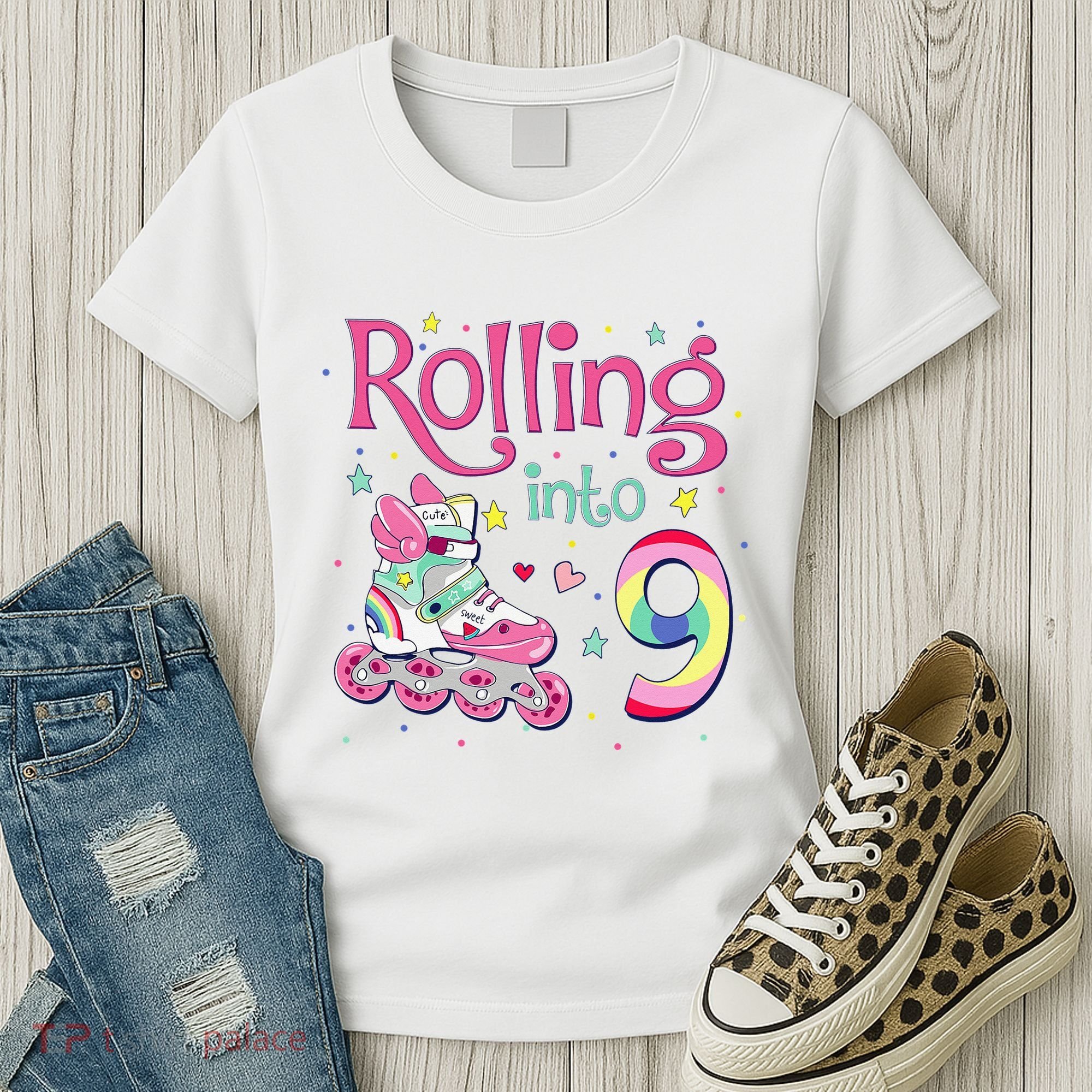 9th Bday Rolling Into 9 Birthday Roller Skate Party Women's T-Shirt
