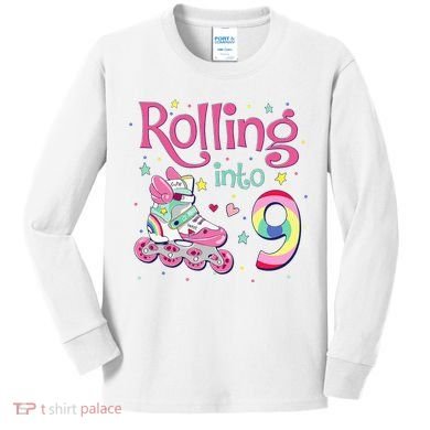 9th Bday Rolling Into 9 Birthday Roller Skate Party Kids Long Sleeve Shirt